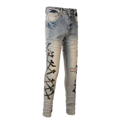 Jeans Skinny Elásticos para Hombre con Detalles Perforados y Patrón Óseo - Image 3