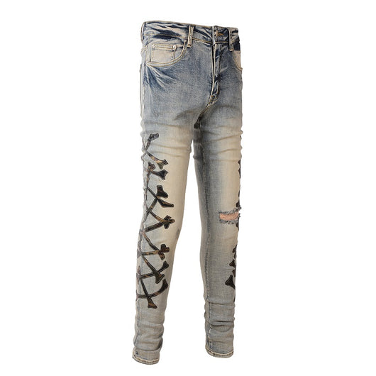 Jeans Skinny Elásticos para Hombre con Detalles Perforados y Patrón Óseo - Image 3