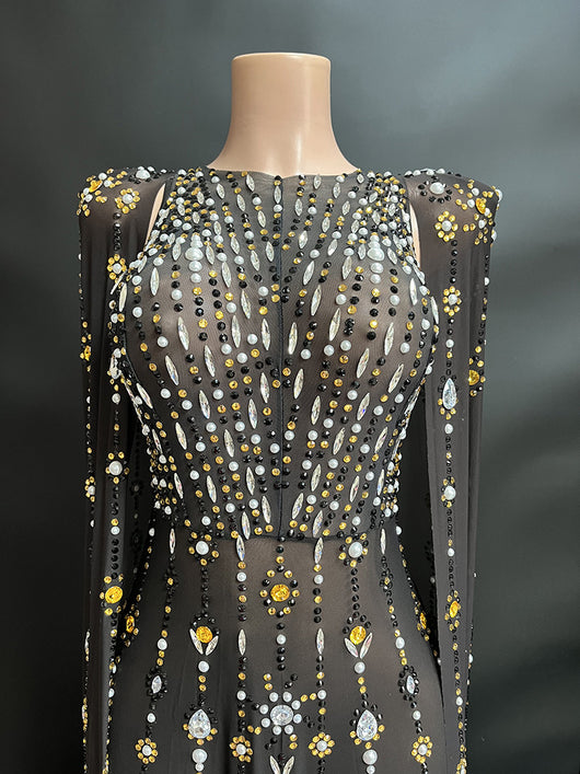 Vestido de Noche Largo Negro Brillante con Detalles de Diamantes - Image 15