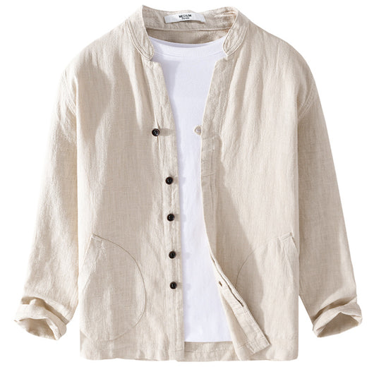 Camisa de Lino Ramio Suelta Casual con Cuello de Pie Estilo Nacional - Image 5