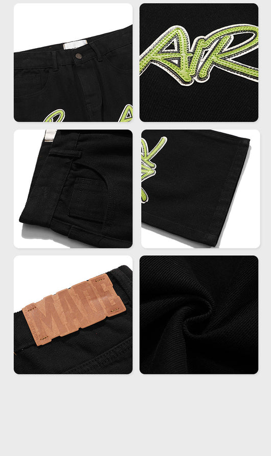 Jeans Rectos Vintage con Bordado de Letras en Cuero - Image 12