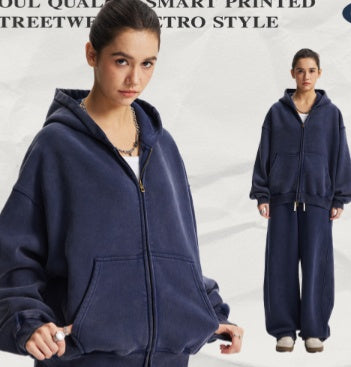 Men's pink washed full-zip hooded jacket and matching sweatpants set, featuring a relaxed fit and drawstring details. - Image 10