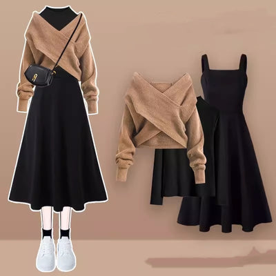 Conjunto de 3 Piezas: Suéter Cruzado con Vestido Base y Blusa - Image 4