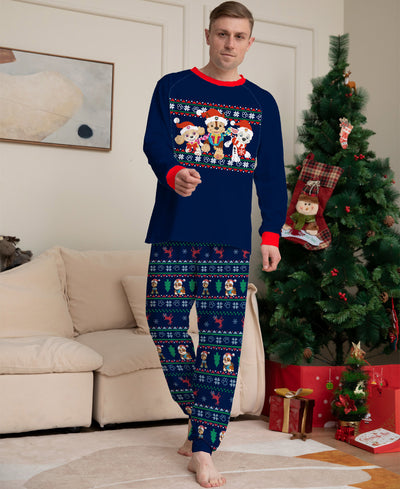 Woman in red Paw Patrol Christmas pajama top and navy fair isle bottoms with Santa Pups and reindeer. - Image 3