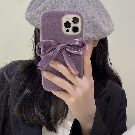 Funda para Celular Estilo Coreano con Lazo de Seda y Pelaje de Visón