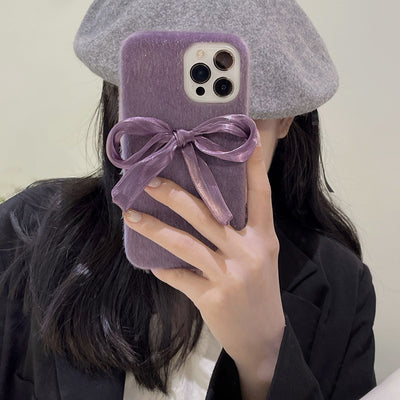 Funda para Celular Estilo Coreano con Lazo de Seda y Pelaje de Visón