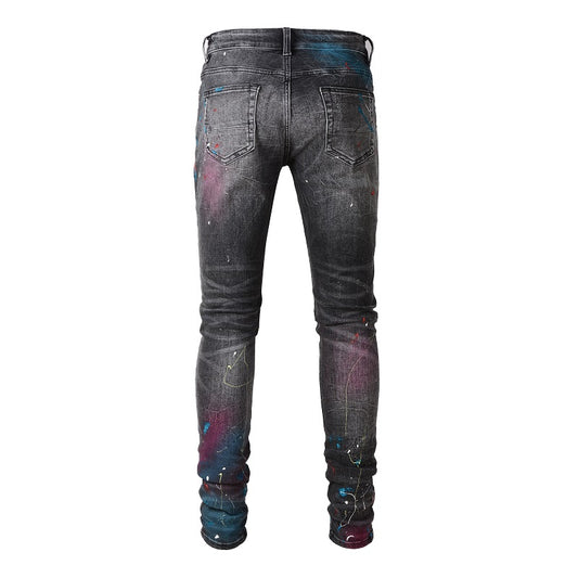 Jeans Gris Stretch Vintage con Efecto Pintura Desgastada para Hombre - Image 2