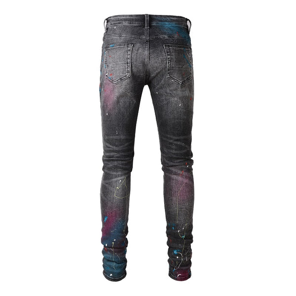 Jeans Gris Stretch Vintage con Efecto Pintura Desgastada para Hombre