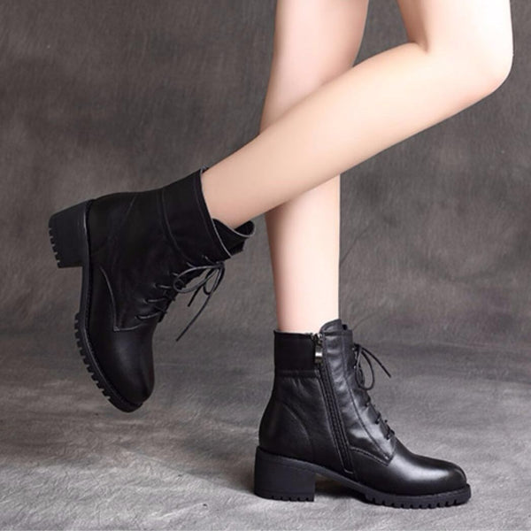 Botas Cortas de Cuero y Terciopelo Estilo Británico con Tacón Grueso