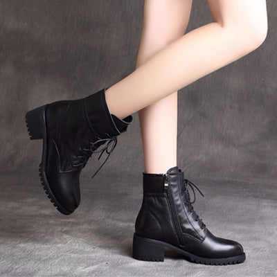 Botas Cortas de Cuero y Terciopelo Estilo Británico con Tacón Grueso