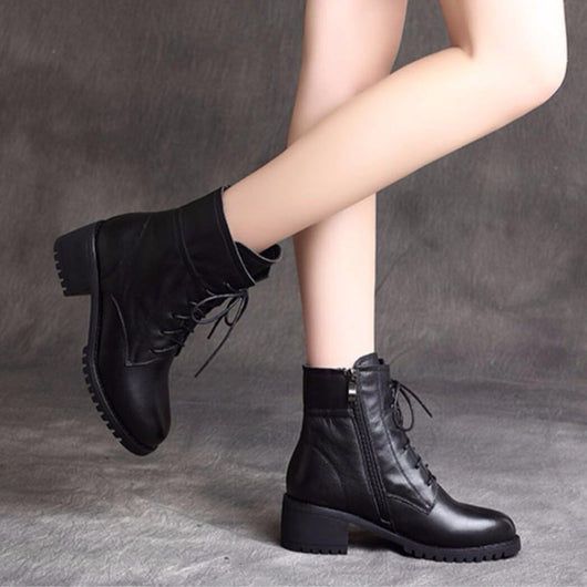 Botas Cortas de Cuero y Terciopelo Estilo Británico con Tacón Grueso