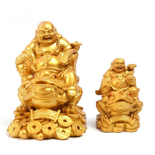 Buda Maitreya de Cobre sobre Sapo Dorado - Ornamento de Abundancia