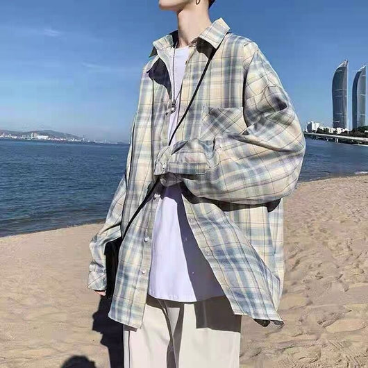 Camisa Cuadros Estilo Hong Kong Manga Larga Otoño Hombre - Image 3
