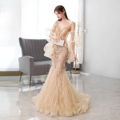 Vestido de Noche Sirena Dorado para Banquetes y Eventos - Image 5