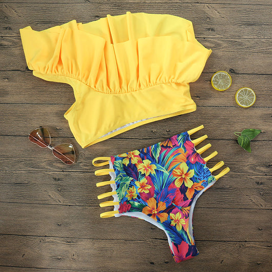 Vibrant one-shoulder ruffle print swimsuit with a lace-up top and high-waisted ruched bottoms, featuring a tropical floral pattern. - Image 2