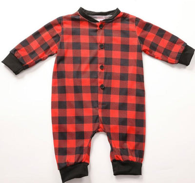 Red and black buffalo plaid baby romper with long sleeves, snap front closure, and black ribbed cuffs and collar. - Image 7