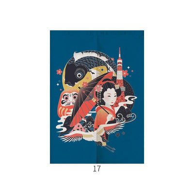 Japanese style noren door curtain with two red and blue Ukiyo-e koi fish on a cream wave pattern background. - Image 18