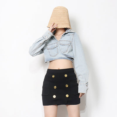 Chaqueta Denim Cropped con Cordones Laterales
