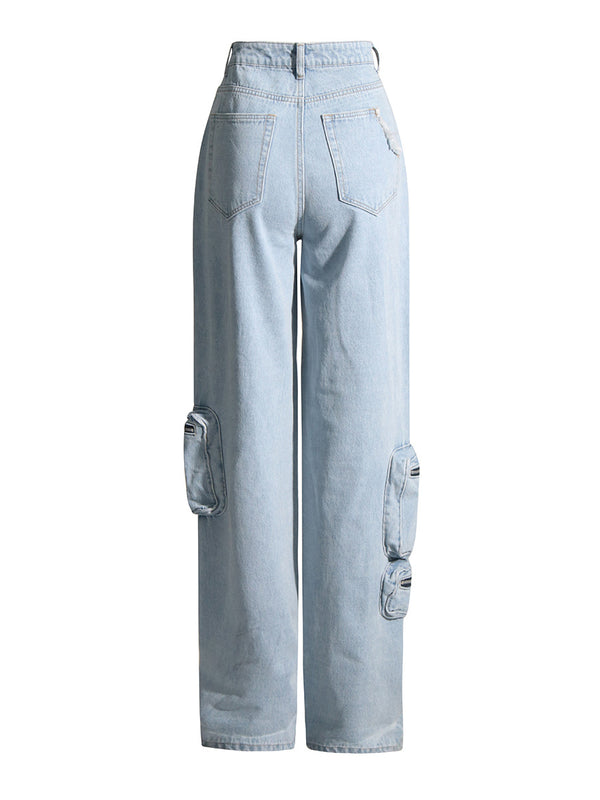 Jeans Vintage Azul Claro Talle Alto con Detalles de Trabajo para Mujer
