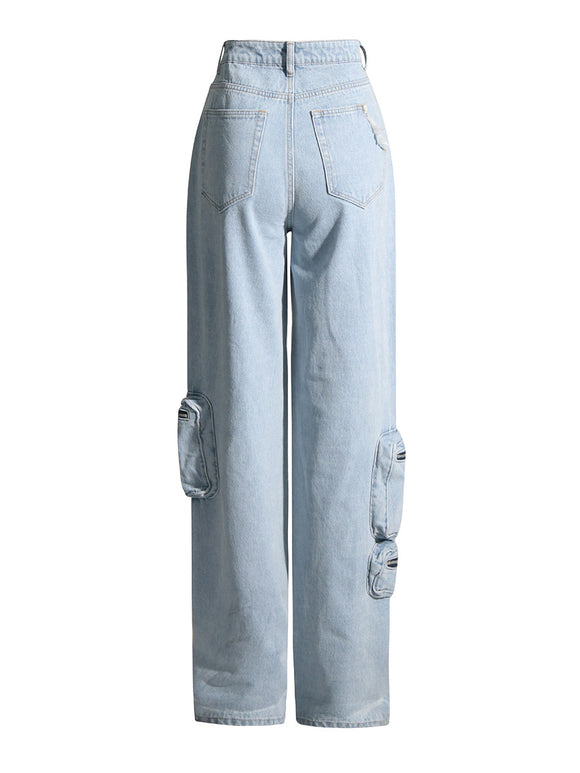 Jeans Vintage Azul Claro Talle Alto con Detalles de Trabajo para Mujer