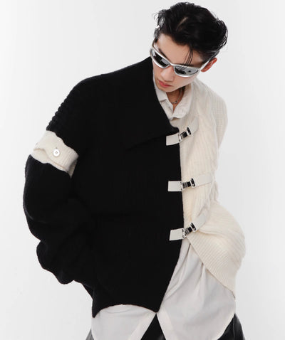 Cardigan Deconstruido Negro y Blanco con Costuras Contrastantes y Botones Metálicos - Image 3