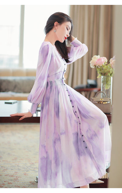 Vestido Largo Escote V Tie-dye Púrpura Estilo Suave - Image 9