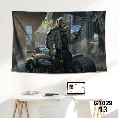 Cyberpunk 2077 tapestry featuring V and Jackie Welles with a neon-lit futuristic city skyline background. - Image 27