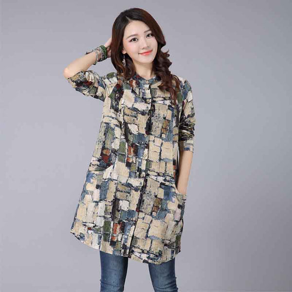 Camisa Suelta Retro de Algodón y Lino - Manga Larga Midi