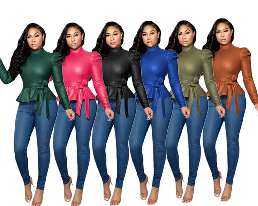 Blusa Cuello Alto Peplum en Cuero Genuino - Envío Gratis