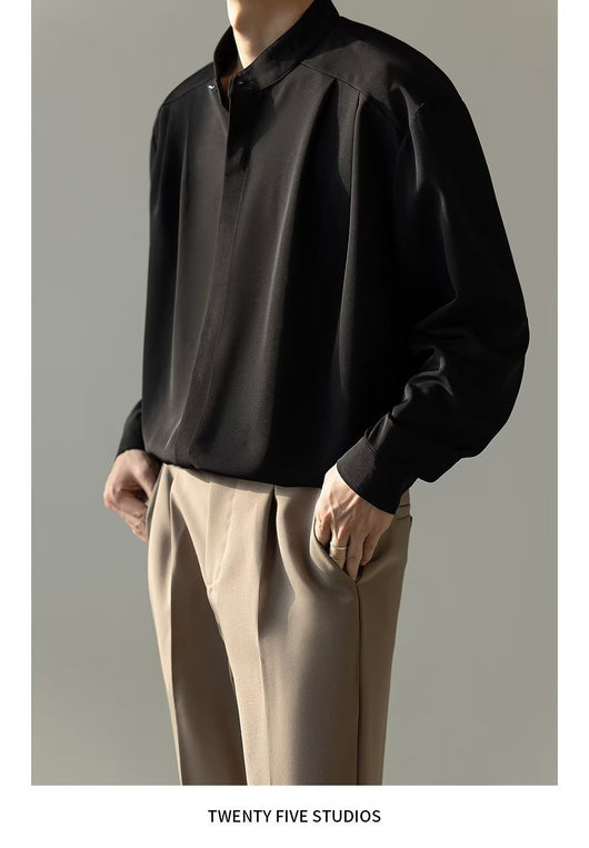 Camisa Casual Holgada de Manga Larga con Cuello Alzado para Hombre - Image 21