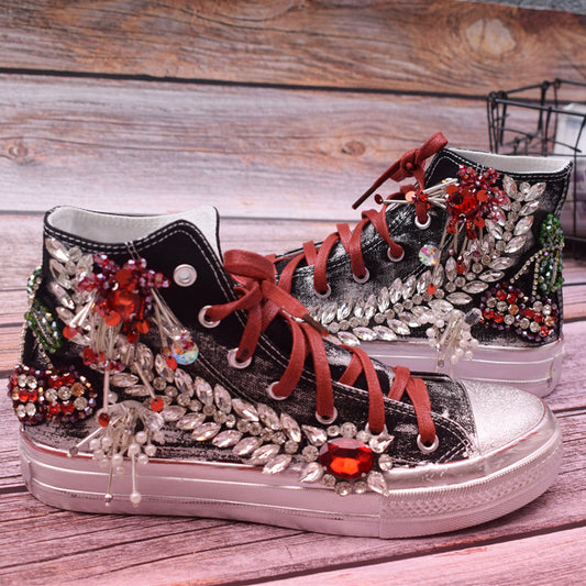 Zapatillas Canvas Altas para Mujer con Flores 3D y Abalorios - Estilo Occidental