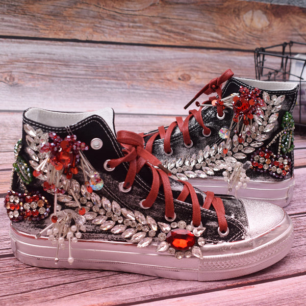Zapatillas Canvas Altas para Mujer con Flores 3D y Abalorios - Estilo Occidental