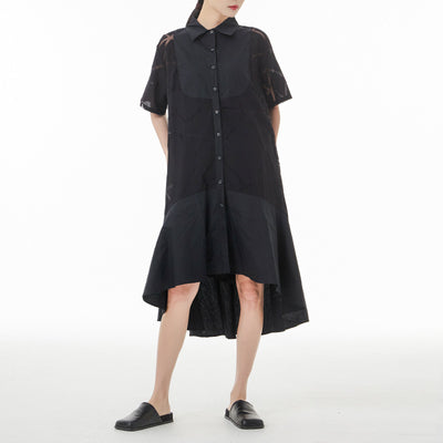 Vestido Camisero Retro Francés con Patrón Geométrico Transparente - Image 4