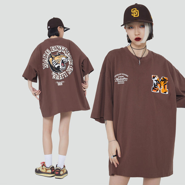 Camiseta Suelta Estilo Vintage Americano Cuello Redondo Manga Corta