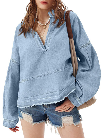 Blusa Denim Holgada de Cuello V y Manga Larga Versátil - Image 24