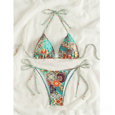 Female creative minimally printed split bikini set with a vibrant bohemian pattern and tie-side bottoms. - Image 9