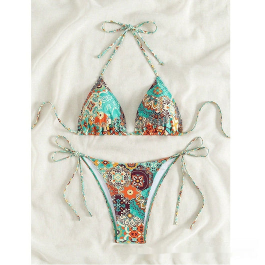 Female creative minimally printed split bikini set with a vibrant bohemian pattern and tie-side bottoms. - Image 9