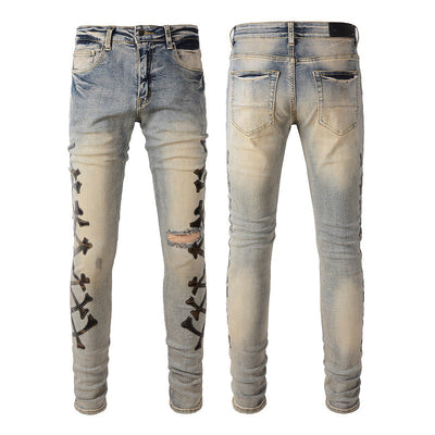 Jeans Skinny Elásticos para Hombre con Detalles Perforados y Patrón Óseo - Image 13