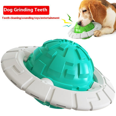 Green and white plastic dog toy with a textured ball center and a flat ring, designed for teeth grinding and sound interaction. - Image 5
