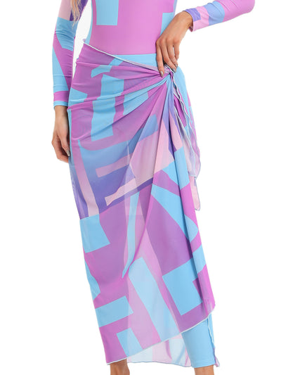 Blue tie-dye conservative beach swimsuit with long sleeves, full-length leggings, and a sheer sarong-style skirt. - Image 8
