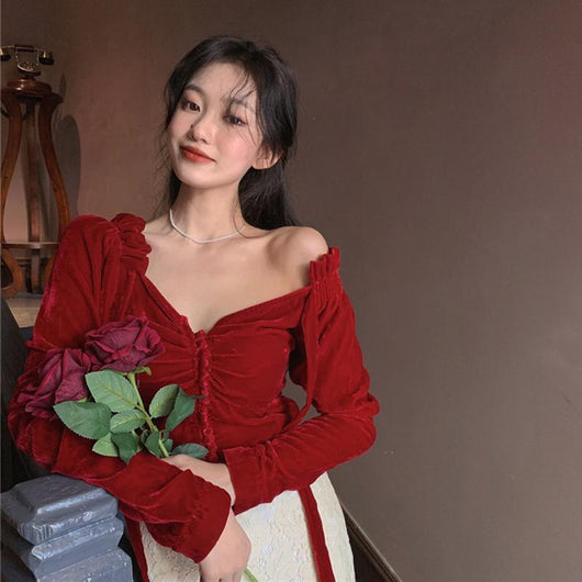 Blusa Roja Estilo Palacio Francés para Mujer - Otoño Invierno Ajustado - Image 3