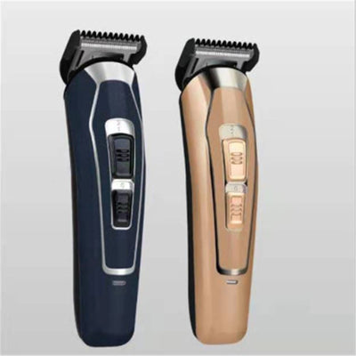 Dark blue electric hair clipper with silver accents and black buttons, featuring a stainless steel blade.