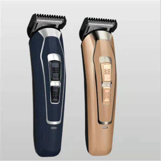 Dark blue electric hair clipper with silver accents and black buttons, featuring a stainless steel blade.