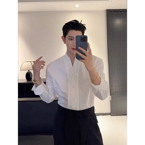 Camisa Francesa Cuello V Blanca de Manga Larga para Hombre