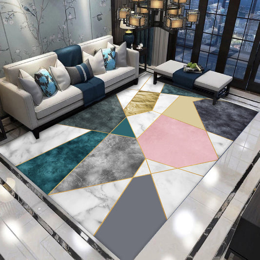 Nordic light luxury rectangular carpet with geometric abstract pattern in pink, teal, grey, gold, and white marble.