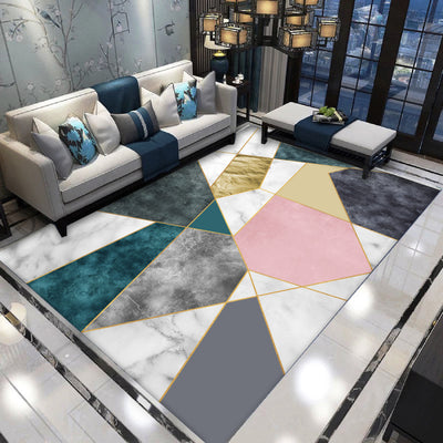 Nordic light luxury rectangular carpet with geometric abstract pattern in pink, teal, grey, gold, and white marble.