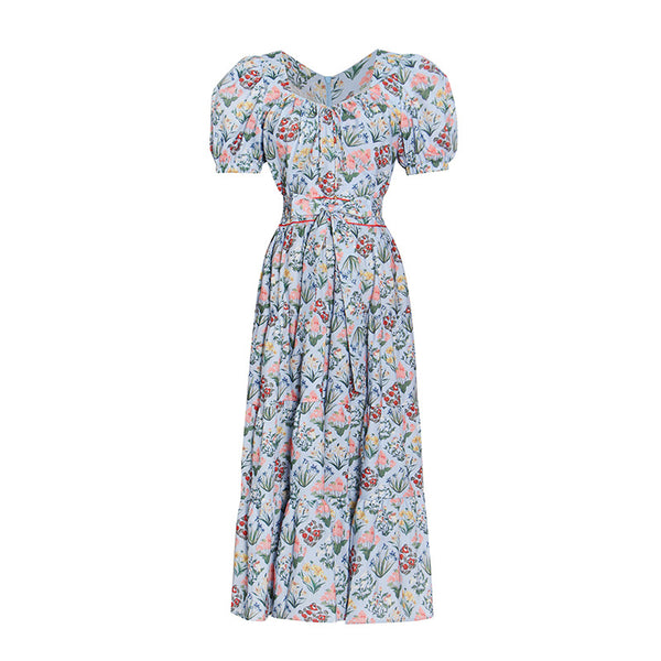 Vestido Azul Mori con Mangas Abullonadas, Cintura Alta y Estampado - Image 3