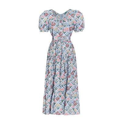 Vestido Azul Mori con Mangas Abullonadas, Cintura Alta y Estampado - Image 3
