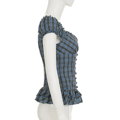 Camisa Cuadriculada Retro Francesa con Cuello Cuadrado Antiedad para Mujer - Image 21