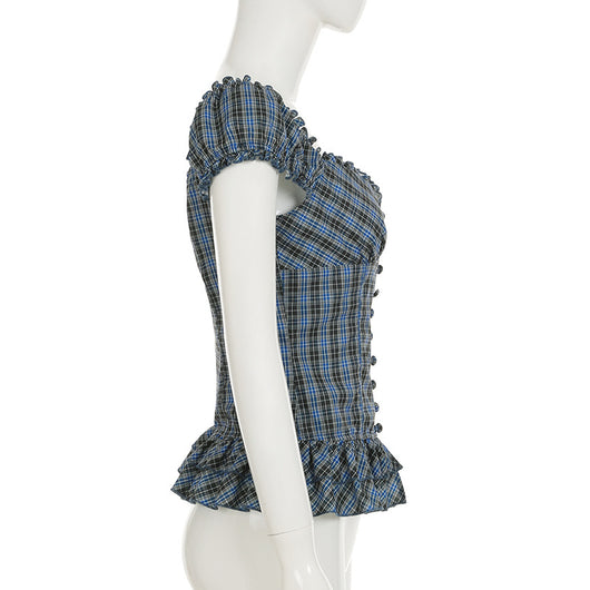 Camisa Cuadriculada Retro Francesa con Cuello Cuadrado Antiedad para Mujer - Image 21